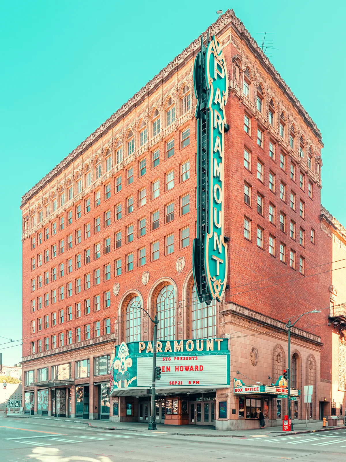 Historic Paramount Theatre building with a turquoise marquee in warm light — limited edition fine art print by Ludwig Favre Historic Paramount Theatre building with a turquoise marquee in warm light — limited edition fine art print by Ludwig Favre