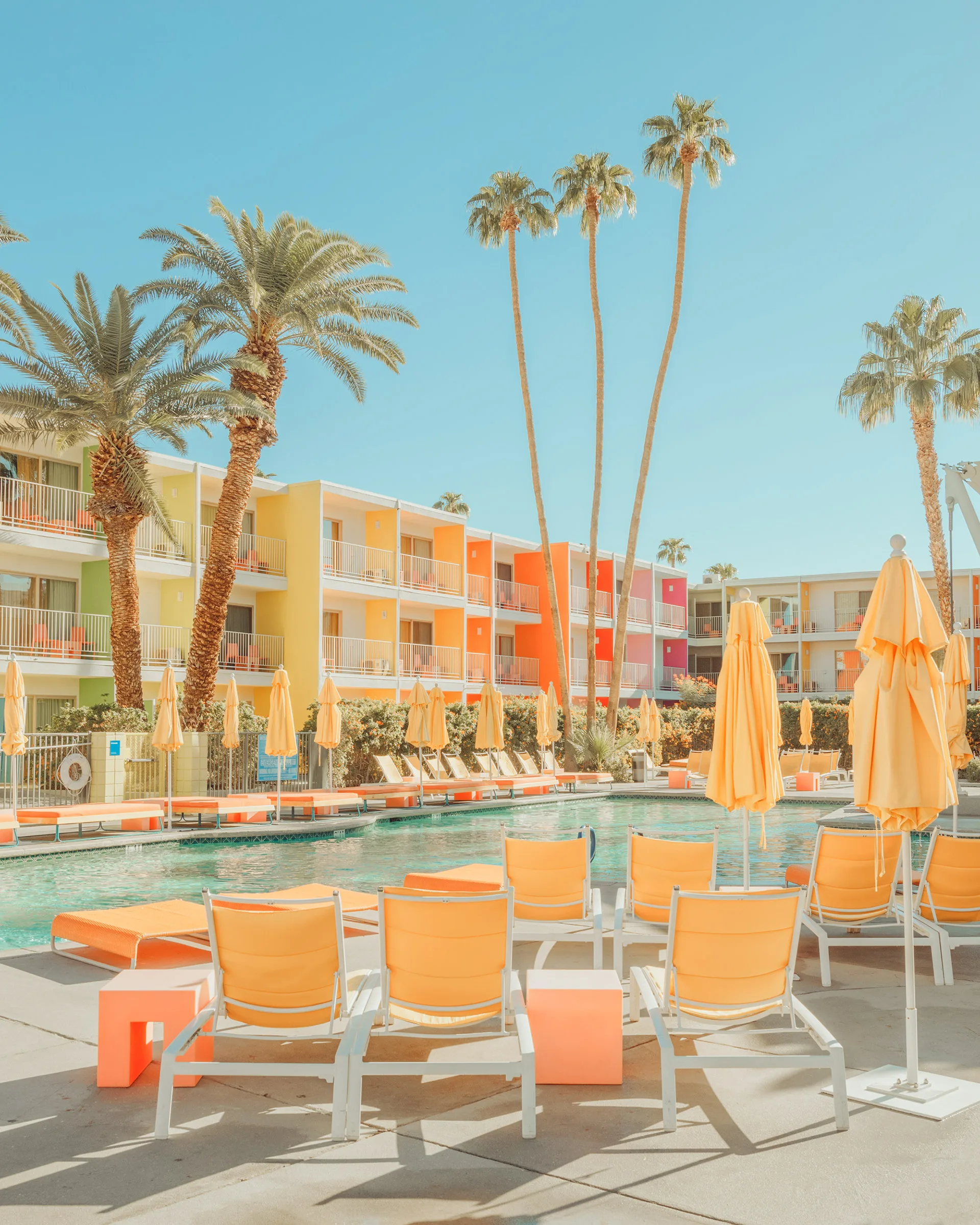Vibrant swimming pool scene with palm trees and colorful hotel — limited edition fine art print by Ludwig Favre