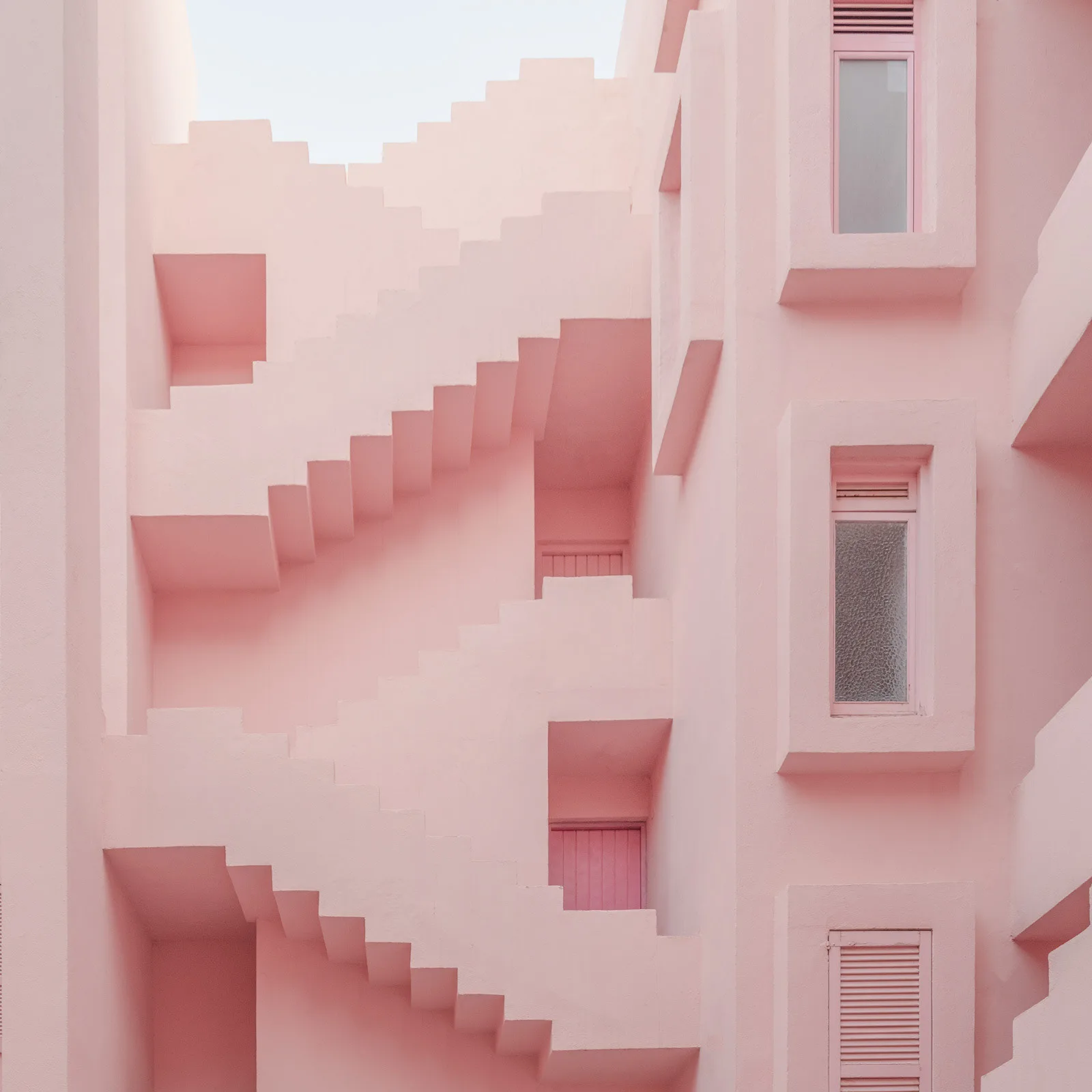 Monochromatic pink staircase architecture, quiet and surreal — limited edition fine art print by Ludwig Favre Monochromatic pink staircase architecture, quiet and surreal — limited edition fine art print by Ludwig Favre