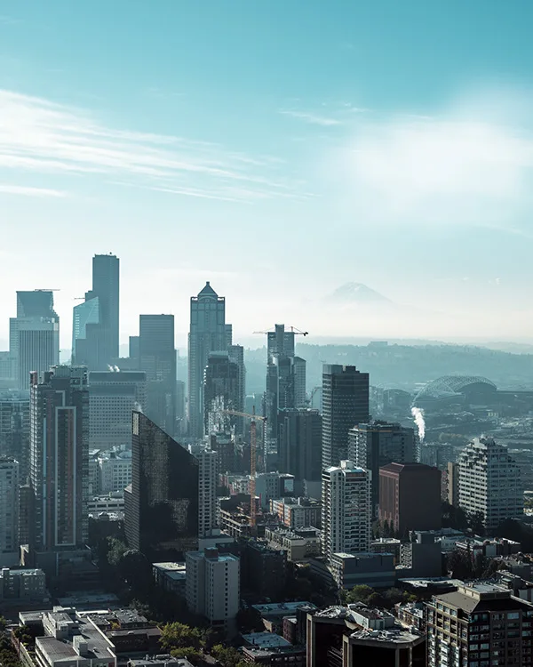 Seattle cityscape with Mount Rainier visible in hazy light — limited edition fine art print by Ludwig Favre Seattle cityscape with Mount Rainier visible in hazy light — limited edition fine art print by Ludwig Favre