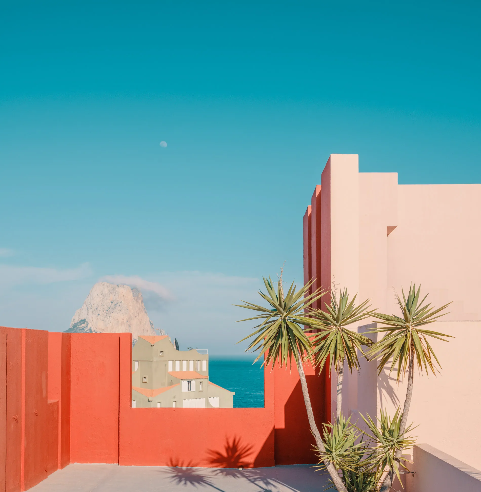 A coastal view featuring a pink wall, palm trees, and the Mediterranean sea — limited edition fine art print by Ludwig Favre A coastal view featuring a pink wall, palm trees, and the Mediterranean sea — limited edition fine art print by Ludwig Favre