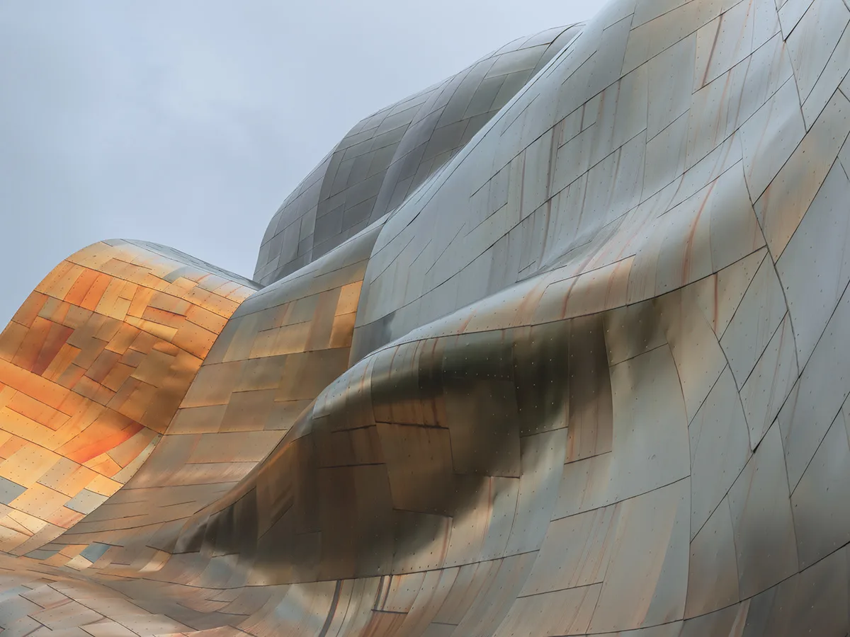 Dramatic, curving stainless steel exterior of the Museum of Pop Culture — limited edition fine art print by Ludwig Favre Dramatic, curving stainless steel exterior of the Museum of Pop Culture — limited edition fine art print by Ludwig Favre