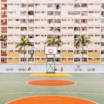 Hong Kong basketball court scene with palm trees and colorful geometric — limited edition fine art print by Ludwig Favre