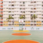 Hong Kong basketball court scene with palm trees and colorful geometric — limited edition fine art print by Ludwig Favre