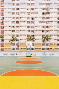 Hong Kong basketball court scene with palm trees and colorful geometric — limited edition fine art print by Ludwig Favre