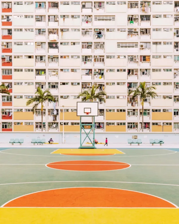 Hong Kong basketball court scene with palm trees and colorful geometric — limited edition fine art print by Ludwig Favre