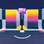 Paris basketball court with geometric color blocks and a white hoop — limited edition fine art print by Ludwig Favre