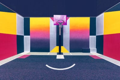 Vibrant Paris basketball court with geometric murals — limited edition fine art print by Ludwig Favre