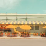 Vintage Los Angeles ice cream parlor with yellow umbrellas, fine art print by Ludwig Favre