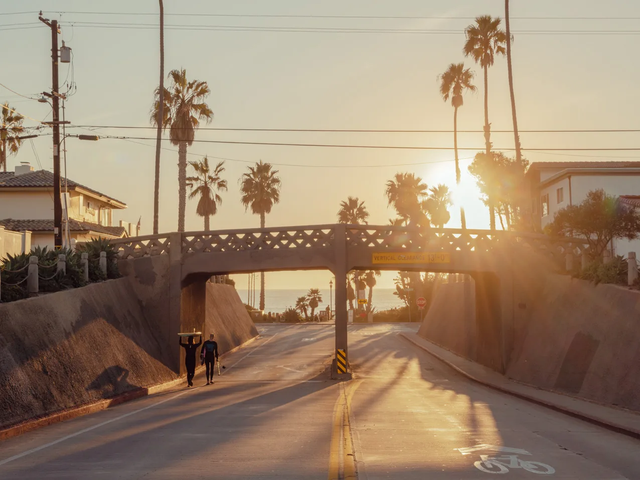 Coastal road underpass at Oceanside, California with palm trees — limited edition fine art print by Ludwig Favre
