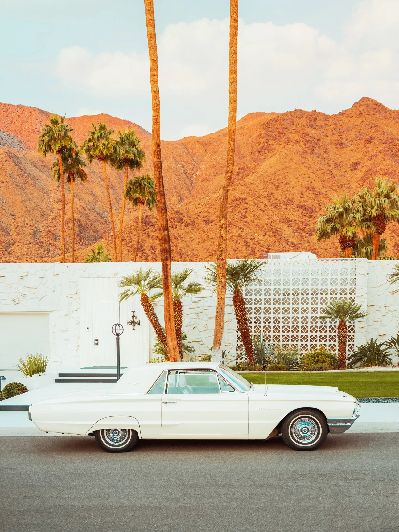 Vintage car parked in front of a palm tree lined property — limited edition fine art print by Ludwig Favre Vintage white Thunderbird parked in front of a Palm Springs home — limited edition fine art print by Ludwig Favre