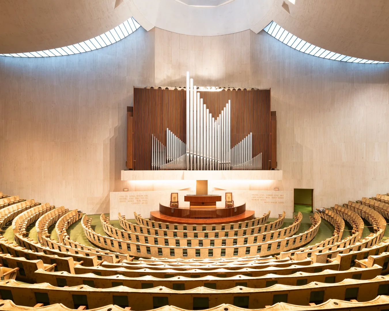 Circular auditorium of a Chicago church with wooden pews — limited edition fine art print by Ludwig Favre