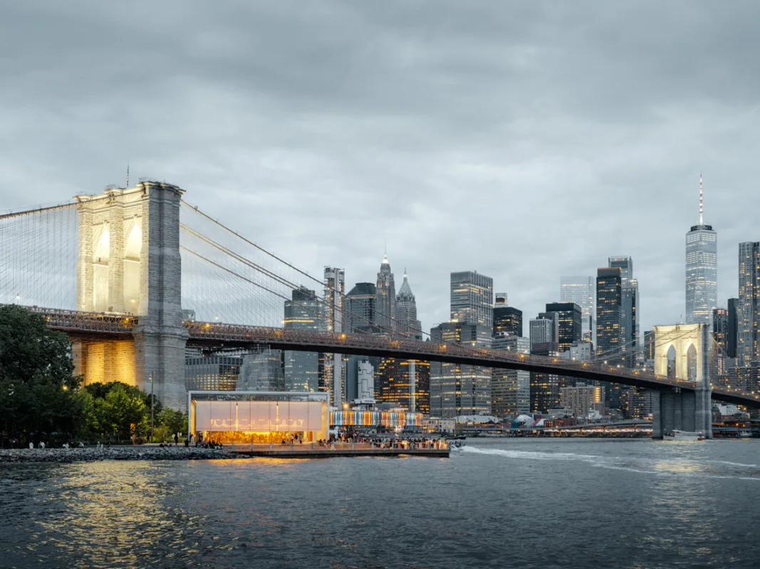 The Brooklyn Bridge and Manhattan skyline at dusk with a river boat — limited edition fine art print by Ludwig Favre
