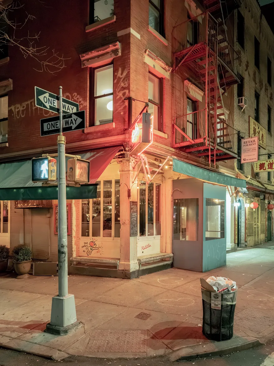 New-York Ludwig Favre Nighttime view of a brownstone building in New York City with neon signs — limited edition fine art print by Ludwig Favre