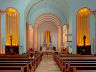 Interior view of a Berlin church with rows of pews and arched hallways — limited edition fine art print by Ludwig Favre