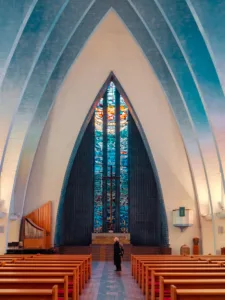 Interior view of Berlin Church with blue stained glass windows — limited edition fine art print by Ludwig Favre