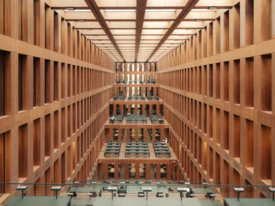 Dramatic perspective of Berlin Library's wooden structure — limited edition fine art print by Ludwig Favre