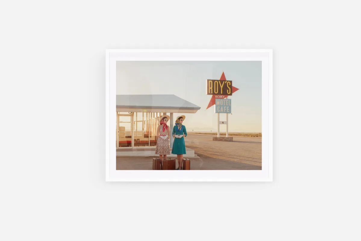 Vintage motel scene with two women, desert light — limited edition fine art print by Ludwig Favre