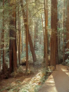 Sun-drenched fern path winding through towering redwood trees in Muir Woods, limited edition fine art print by Ludwig Favre