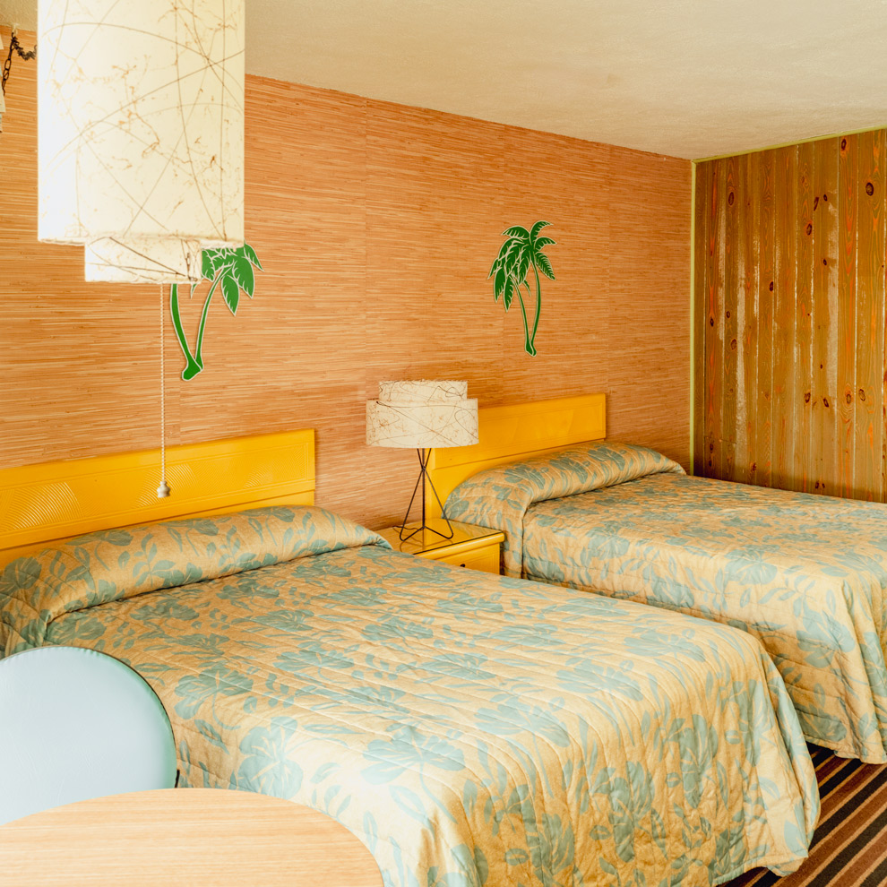 Caribbean Motel room with twin beds and palm tree decals, Wildwood Crest, limited edition fine art photograph by Ludwig Favre